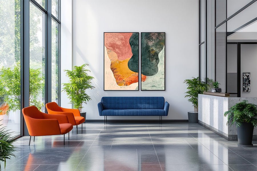 Quadros personalizados em lounge corporativo